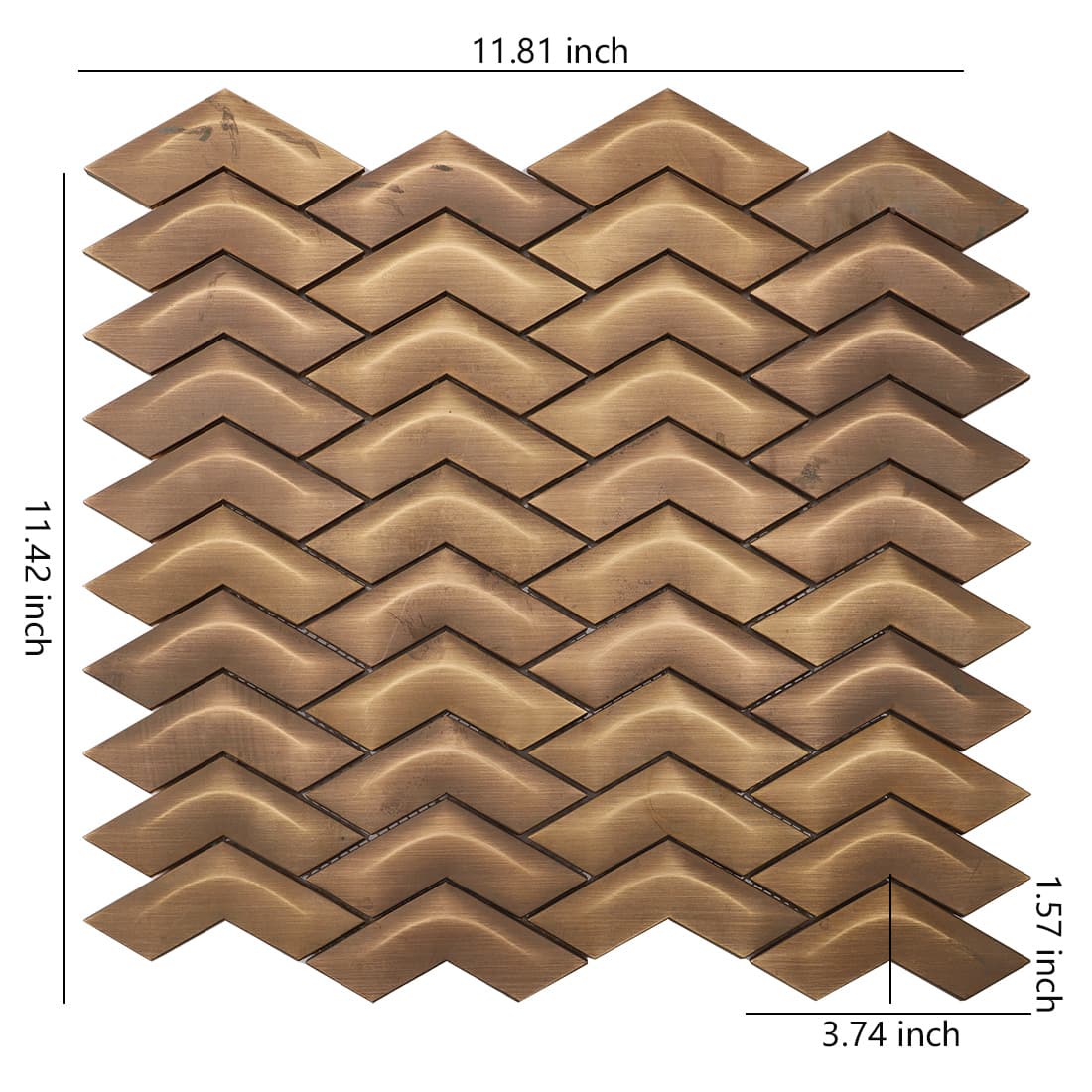 Antique brass chevron metal mosaic tile sheet with size details