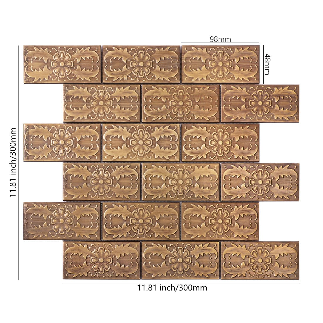 Antique brass floral embossed rectangle metal mosaic tile with size details