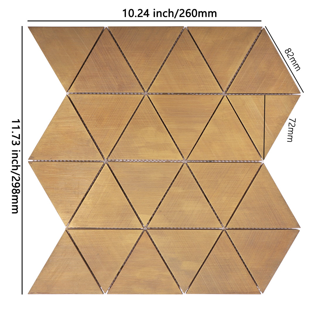 Antique brass triangle metal mosaic tile sheet with size details