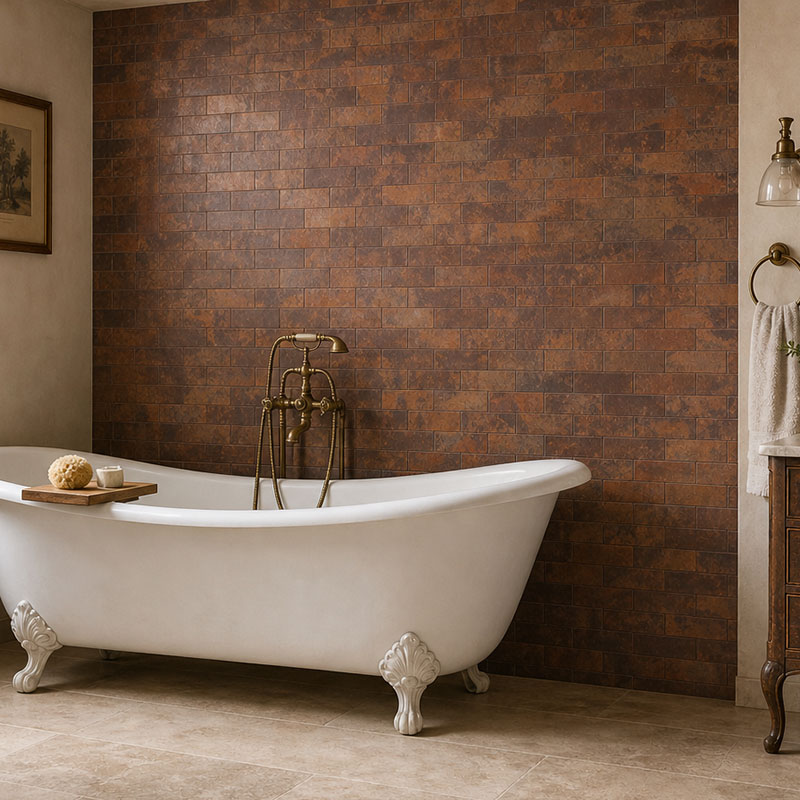 Antique bronze bathroom wall tiles behind a white clawfoot bathtub