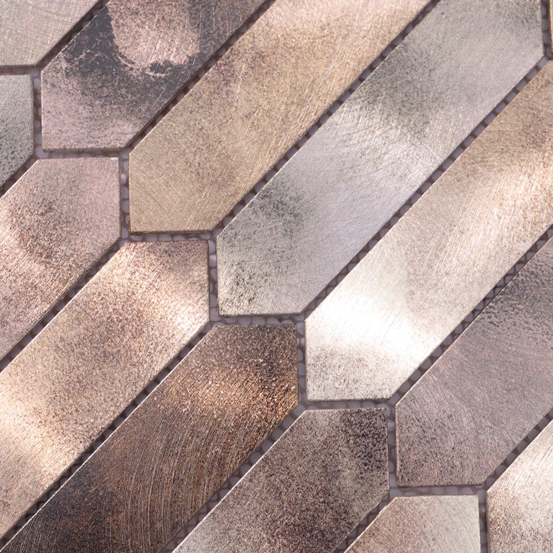 High angle view of antique champagne gold picket aluminum tile surface texture