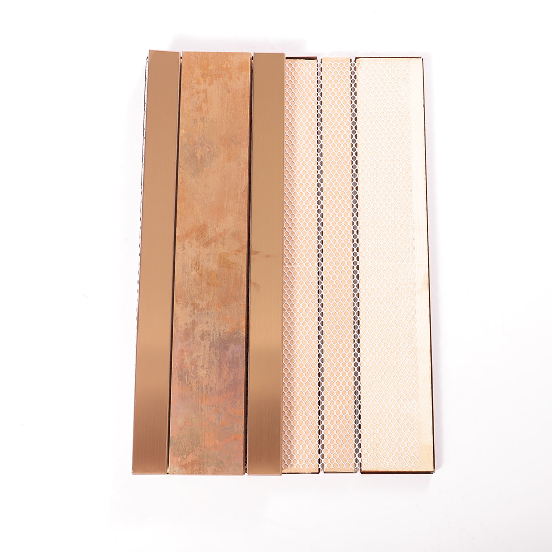 Back view of antique copper and brushed copper strip metal mosaic tile sheet