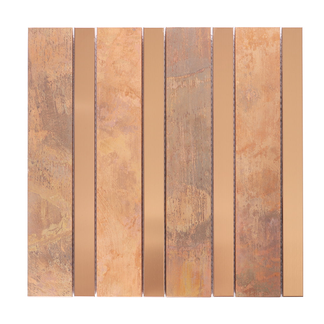 Full sheet of antique copper and brushed copper strip metal mosaic tiles