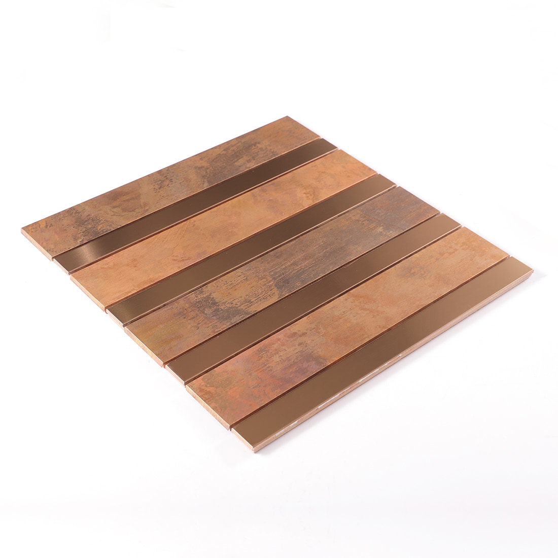 Perspective view of antique copper and brushed copper strip metal mosaic tile