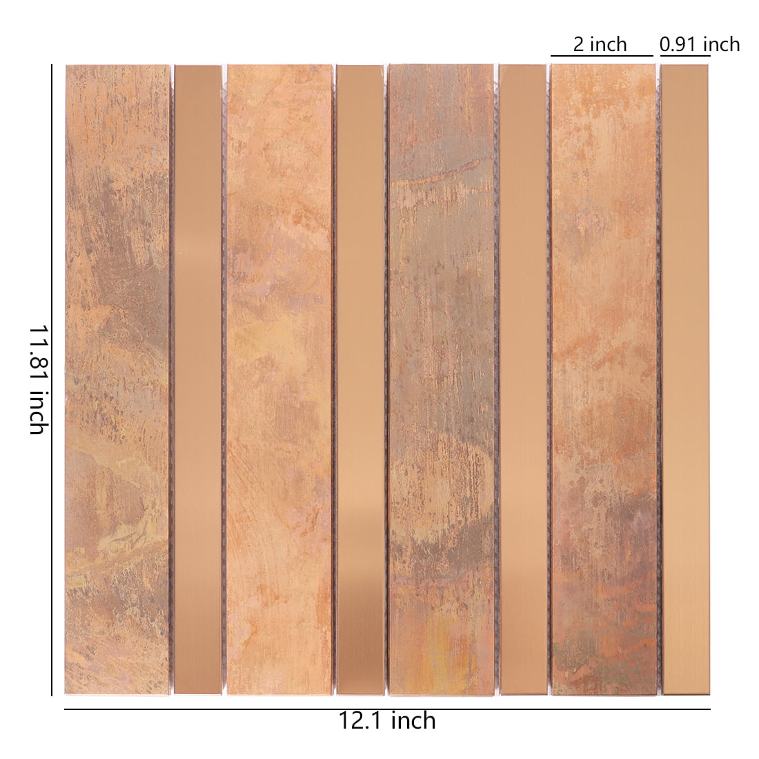 Antique copper and brushed copper strip metal mosaic tile sheet with size details