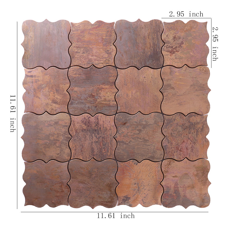 Antique copper arabesque mosaic tile sheet with size details