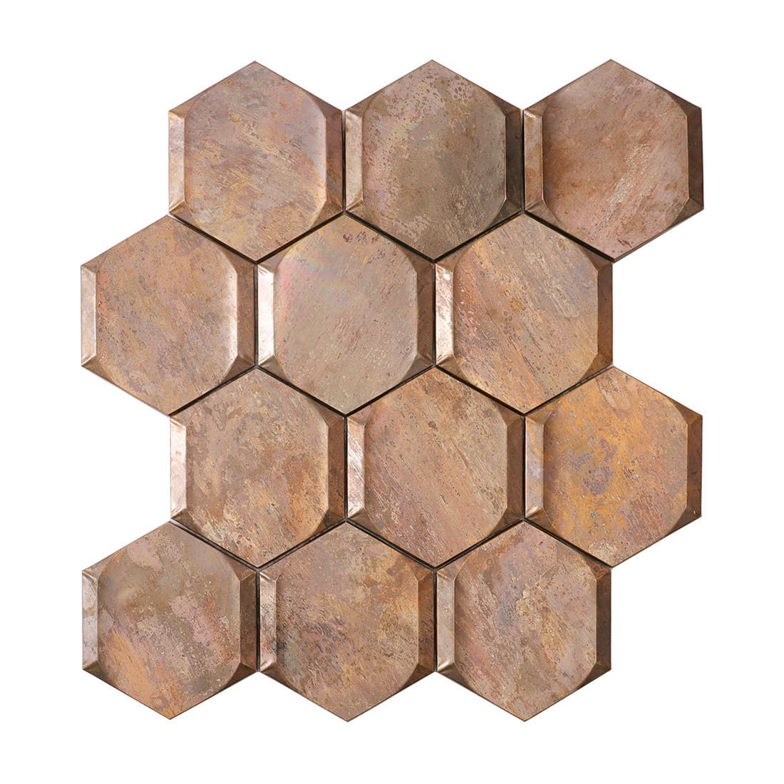 Full sheet of antique copper beveled hexagon metal mosaic tile