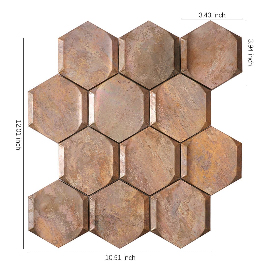 Antique copper beveled hexagon metal mosaic tile sheet with size details