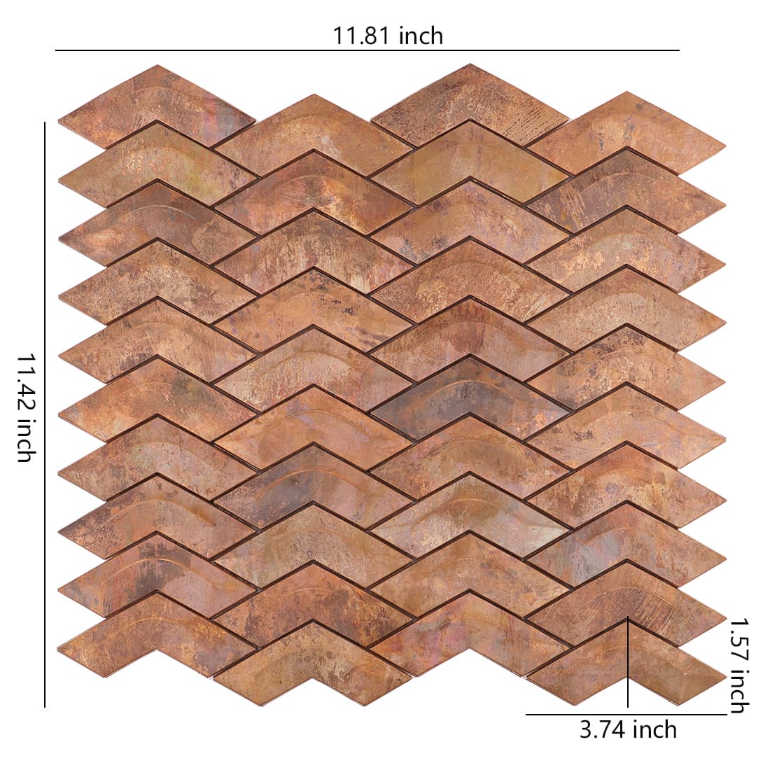 Antique copper chevron metal mosaic tile sheet with size details
