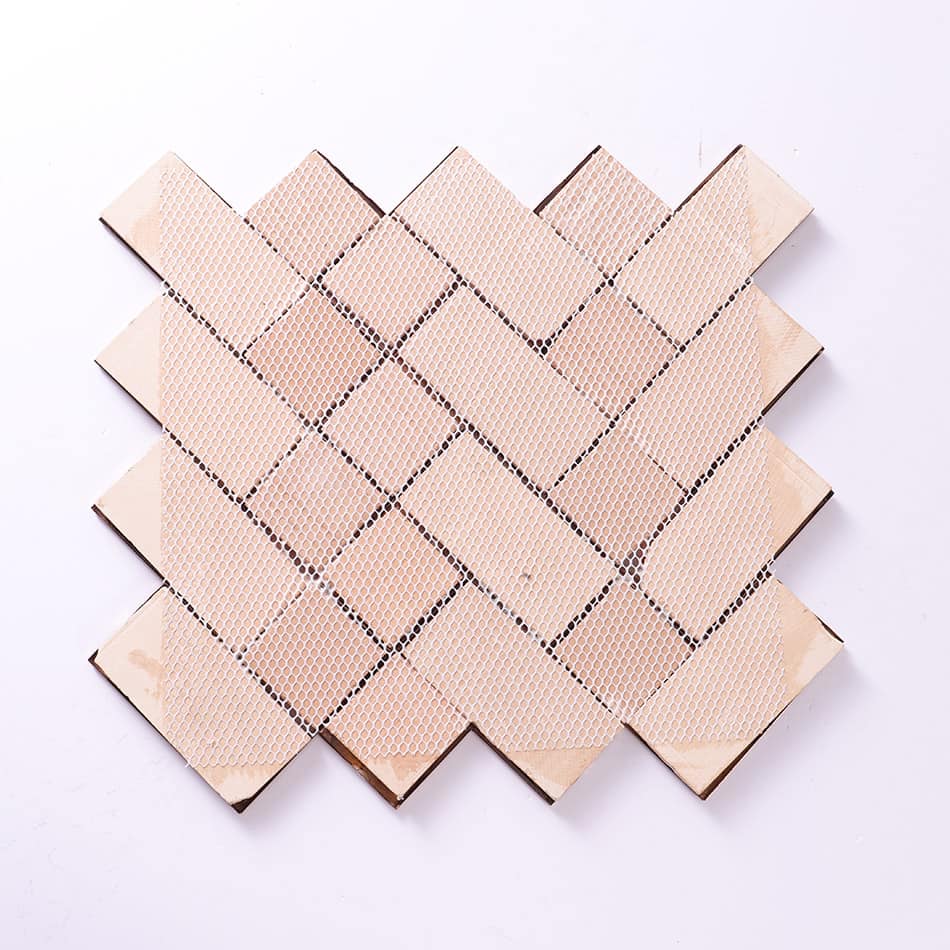 Back view of antique copper chevron metal mosaic tile sheet