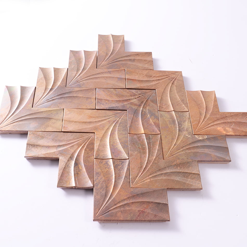 Perspective view of antique copper chevron metal mosaic tile sheet