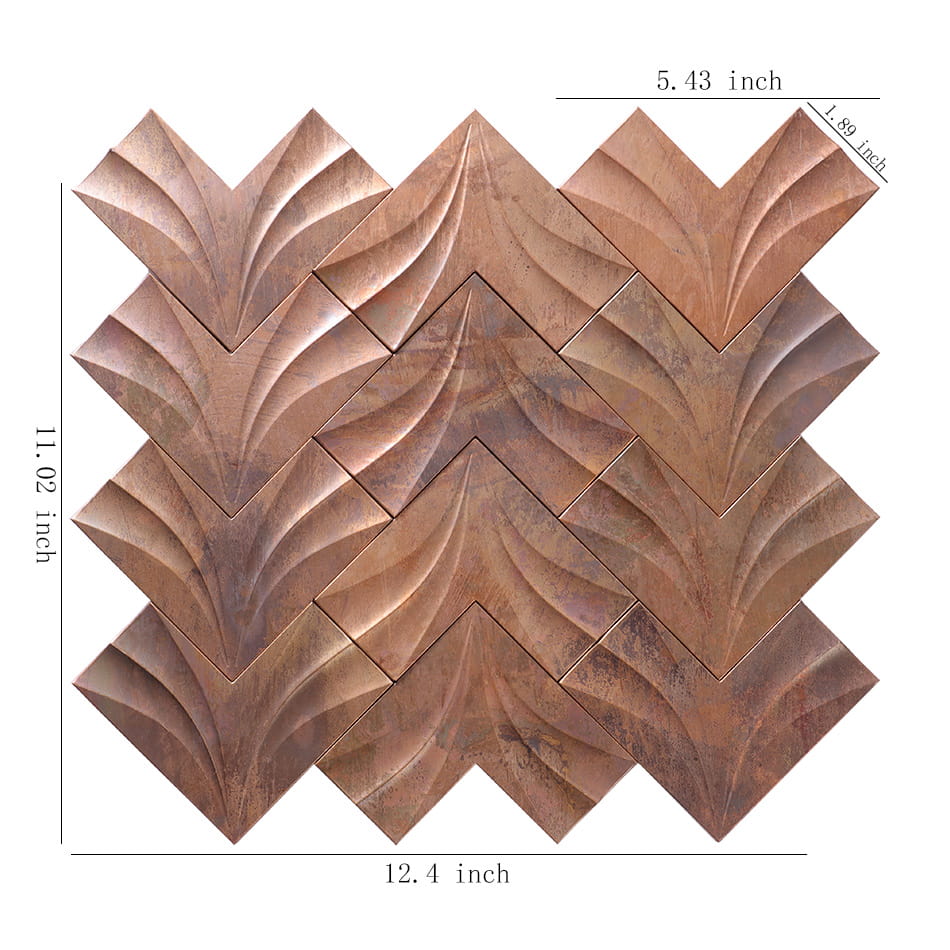 Antique copper chevron metal mosaic tile sheet with size details