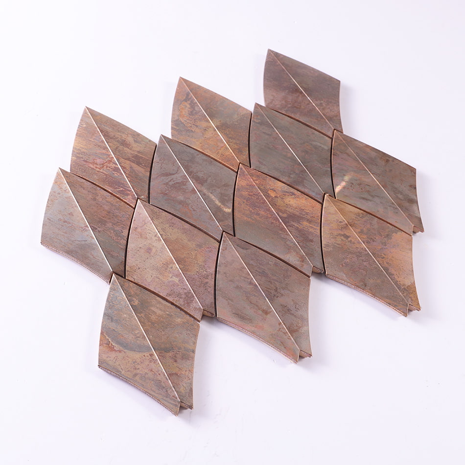 Single sheet display of antique copper curved diamond metal mosaic