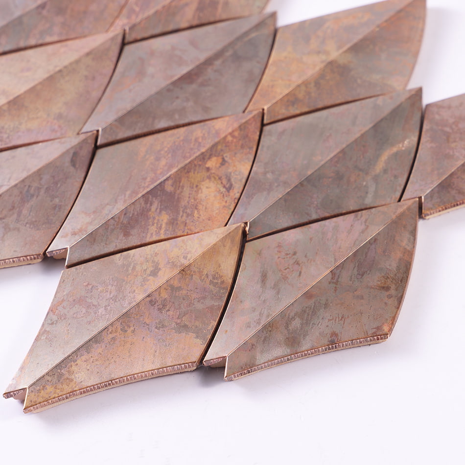 Thickness view of antique copper curved diamond metal mosaic tile
