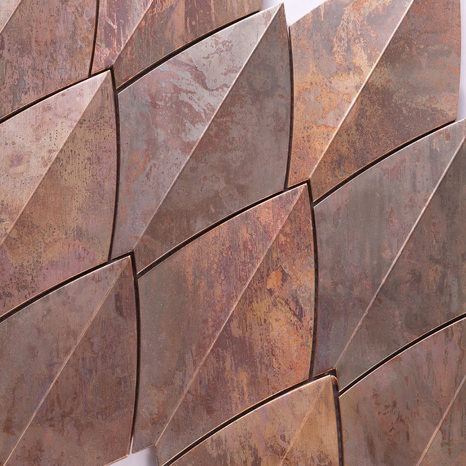 Close up of antique copper curved diamond metal tile surface texture