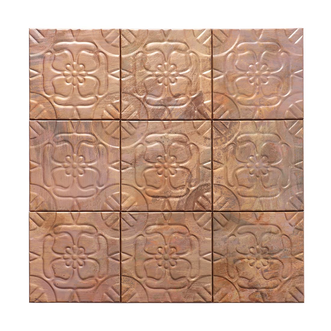 Full sheet of antique copper embossed floral square mosaic tiles