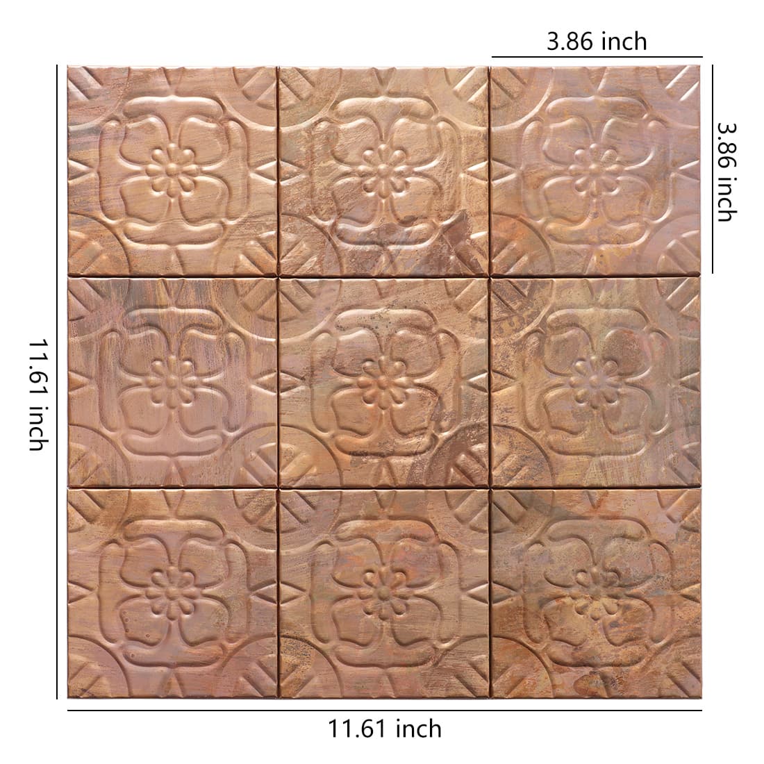 Antique copper embossed floral square tile sheet with size details