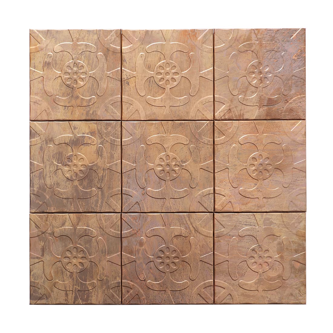 Full sheet of antique copper floral embossed square mosaic tiles