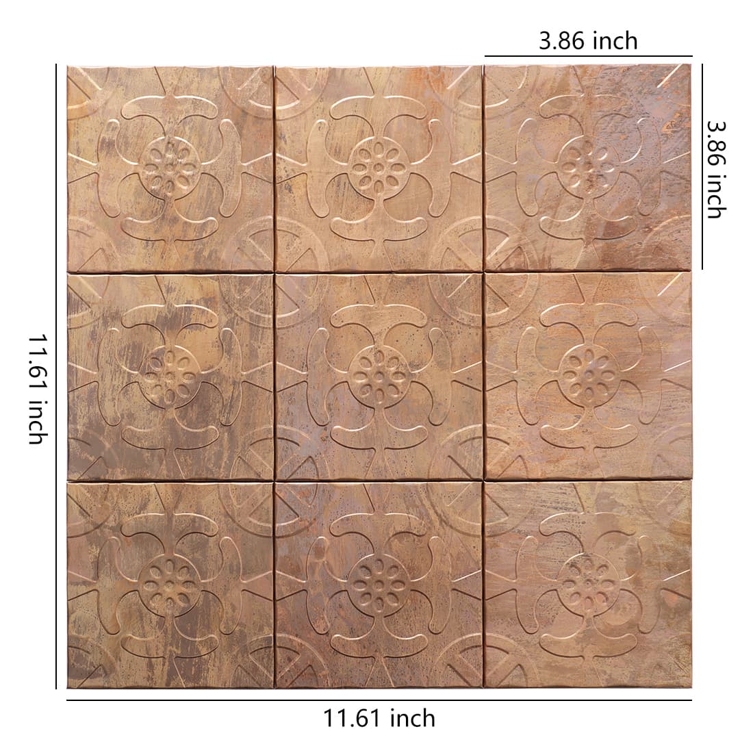 Antique copper floral embossed square tile sheet with size details