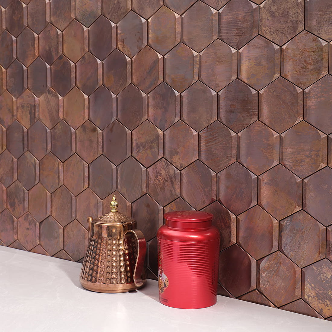 Antique copper hexagon metal mosaic tile wall with countertop styling