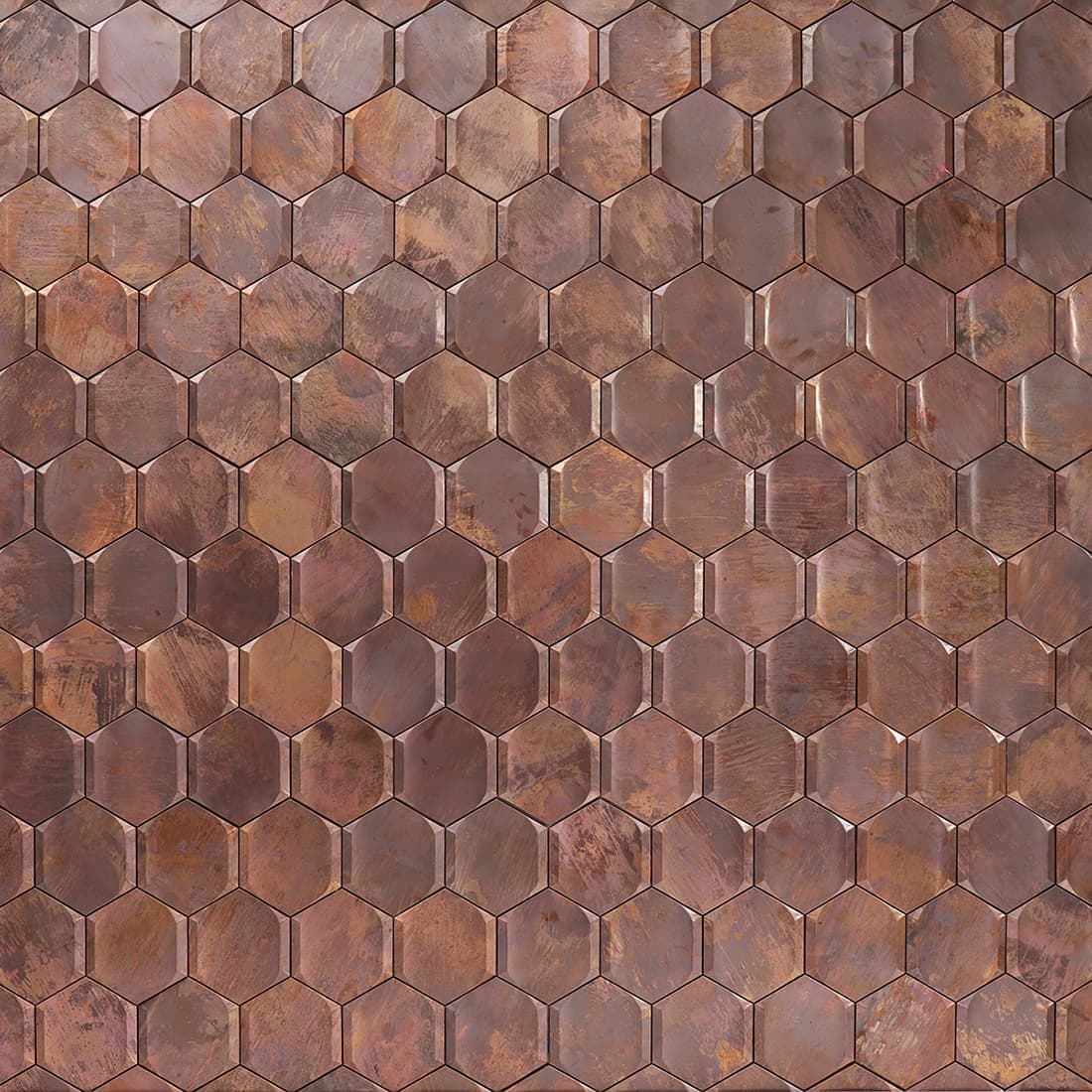Antique copper hexagon metal mosaic tile installed as a full wall pattern