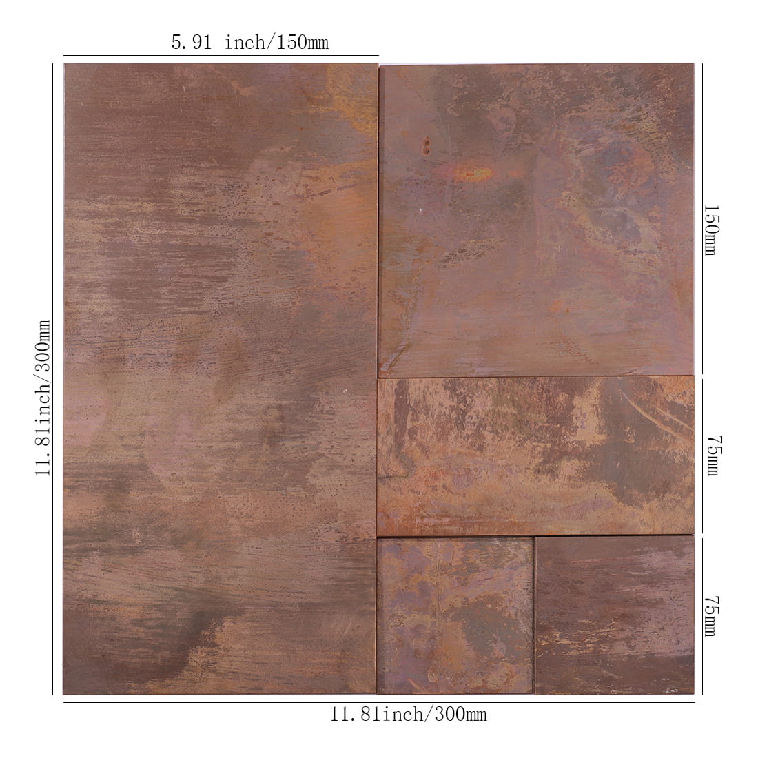 Antique copper mixed rectangle metal mosaic tile sheet with size details