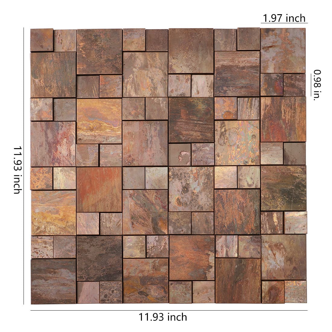 Antique copper mixed size metal mosaic tile sheet with dimensions