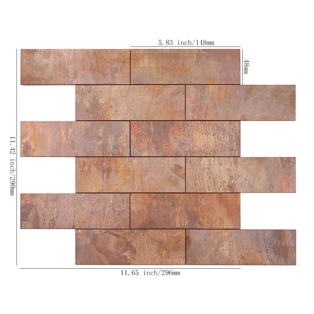 Antique copper rectangular metal mosaic tile sheet with dimensions