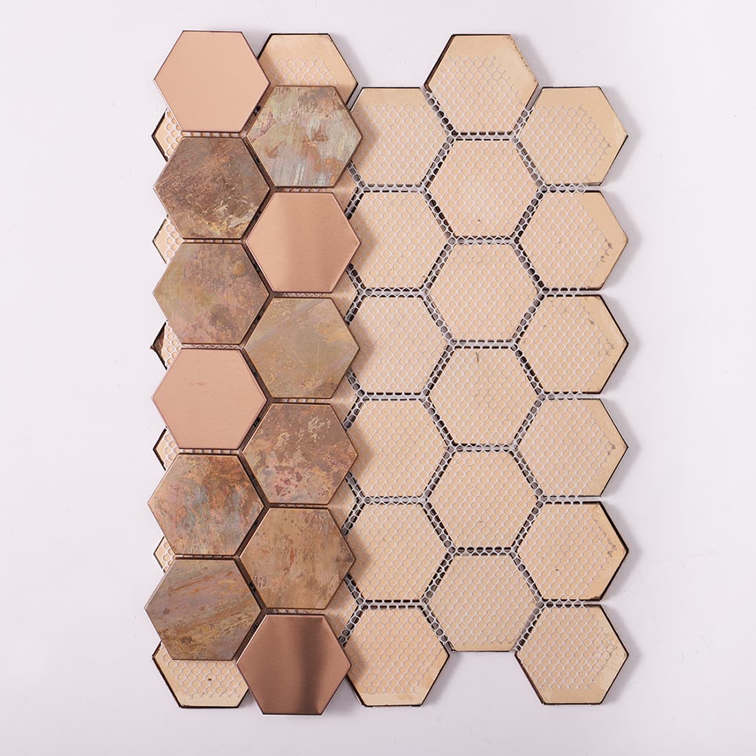 Back mesh view of antique copper and rose gold hexagon metal mosaic tile