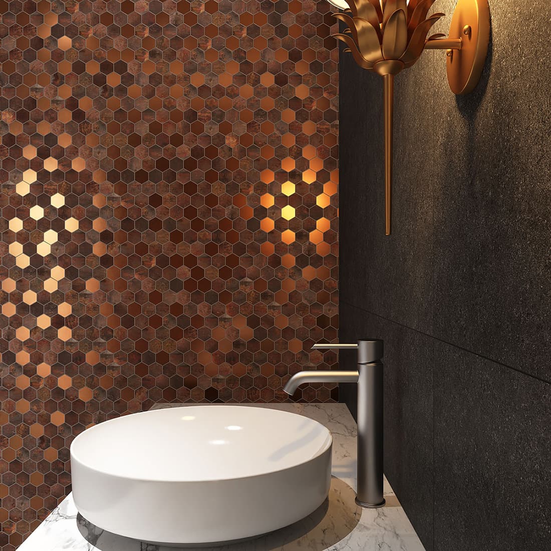 Antique copper and rose gold hexagon metal mosaic tile bathroom wall