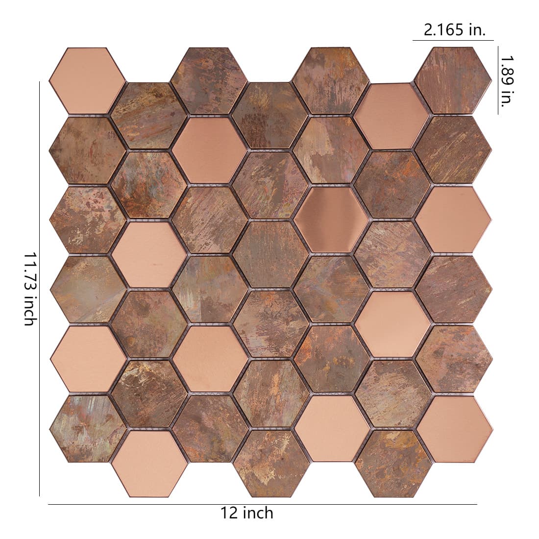 Antique copper and rose gold small hexagon metal mosaic tile with size details