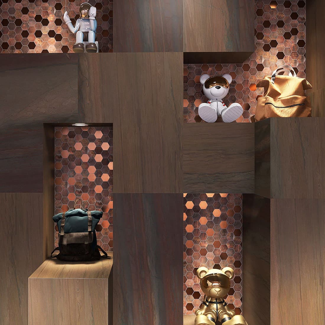 Antique copper and rose gold hexagon metal mosaic tile display wall scene