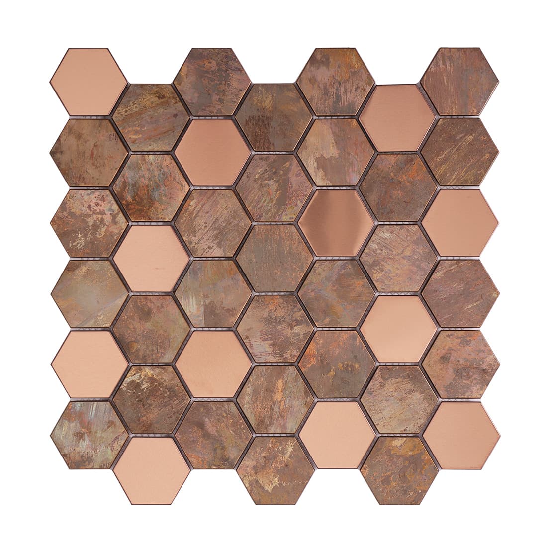 Full sheet of antique copper and rose gold small hexagon metal mosaic tile
