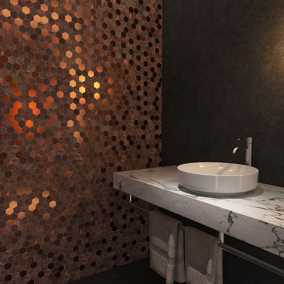 Wide view of antique copper and rose gold hexagon metal mosaic wall
