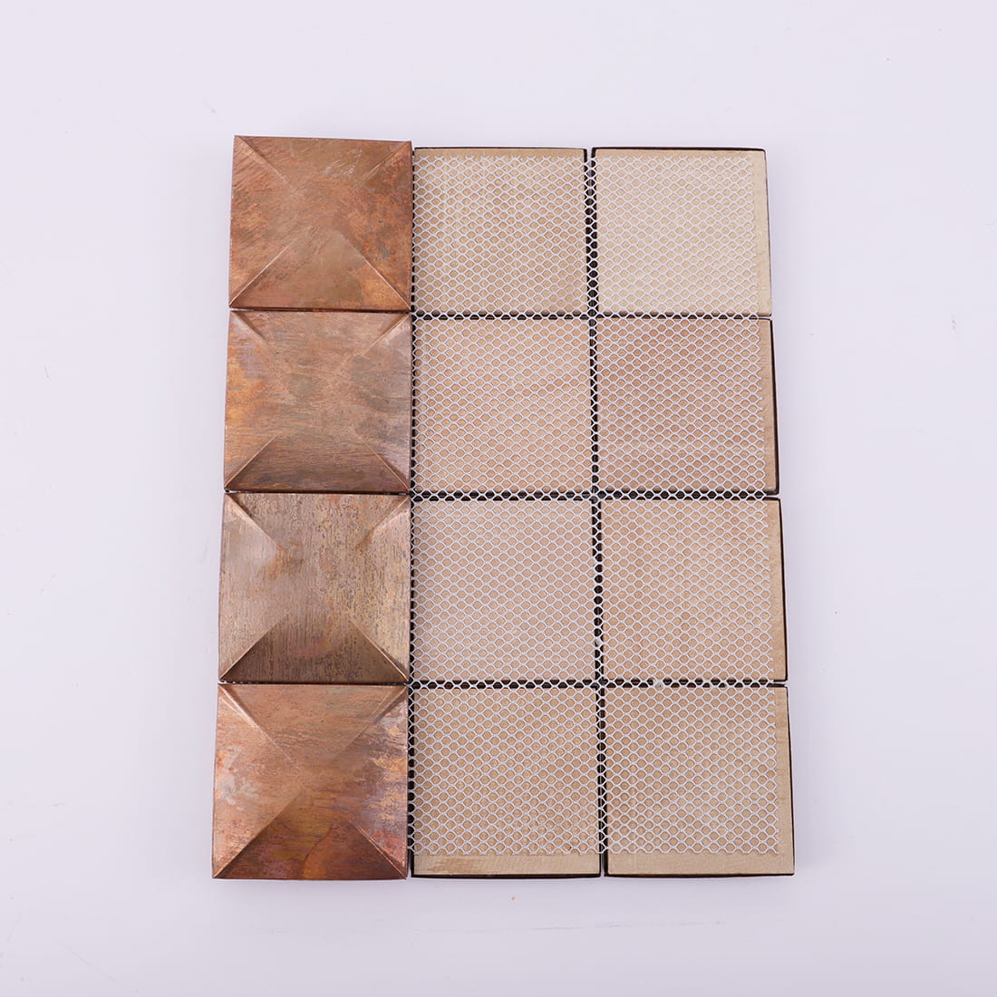 Back mesh view of antique copper square 3D metal mosaic tile