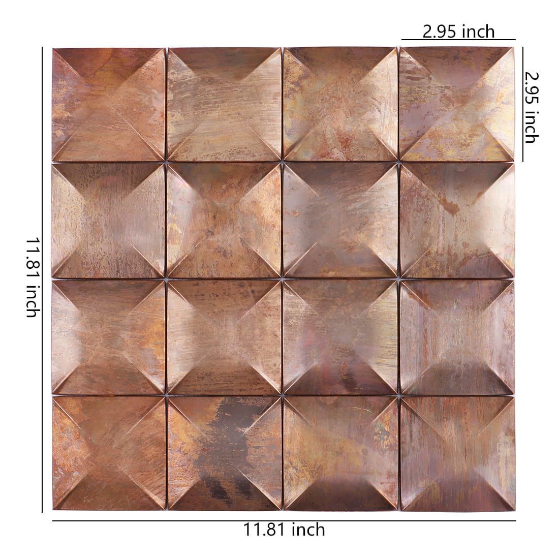 Antique copper square 3D metal mosaic tile sheet with dimensions