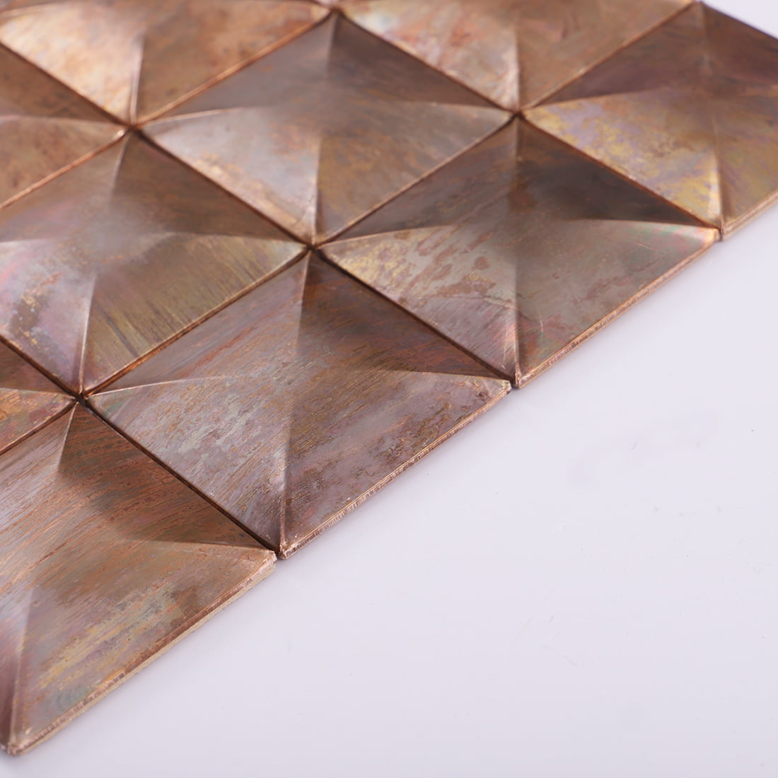 Edge view of antique copper square 3D metal mosaic tile sheet