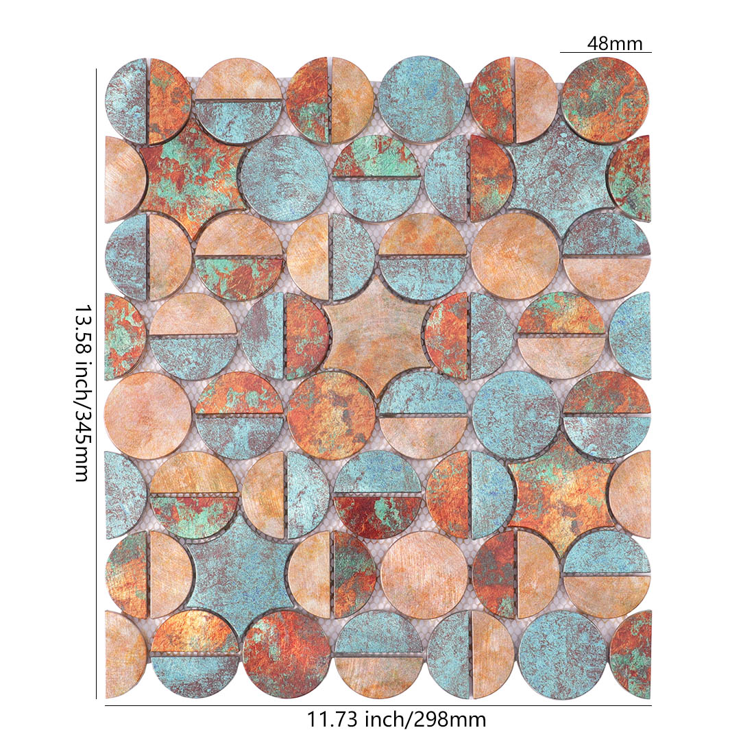Antique copper and turquoise round aluminum mosaic sheet dimensions