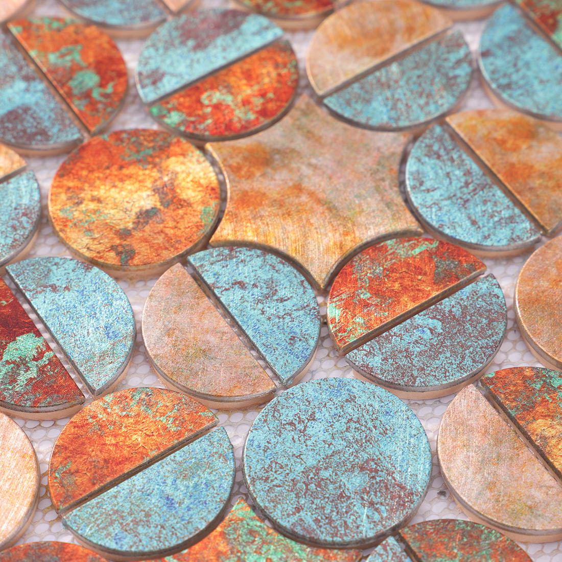 High angle view of antique copper and verdigris aluminum tile surface texture
