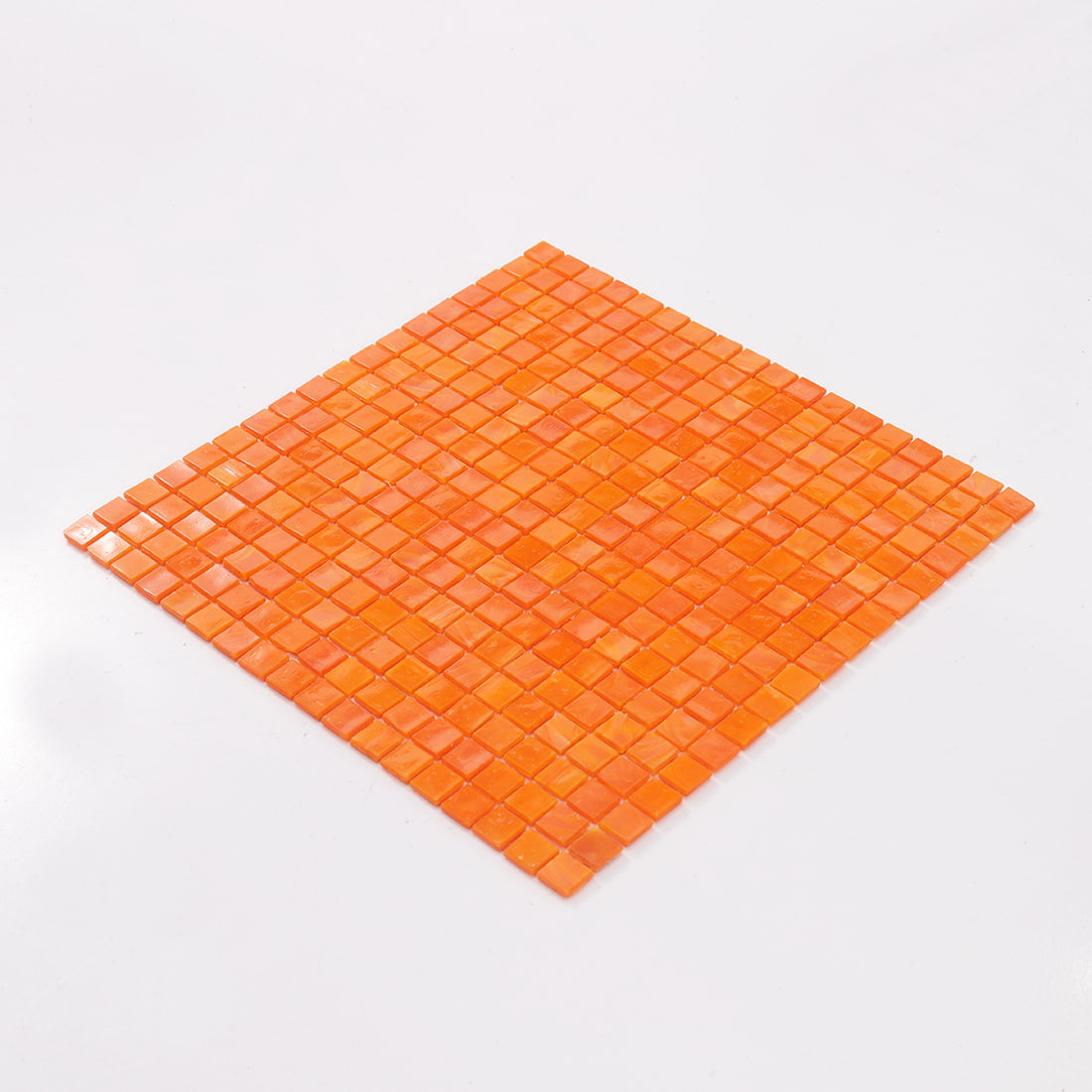 Perspective view of apricot orange square glass mosaic tile sheet