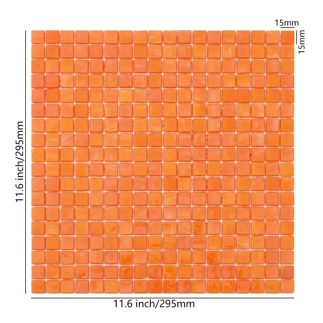 Apricot orange square glass mosaic tile sheet with size details