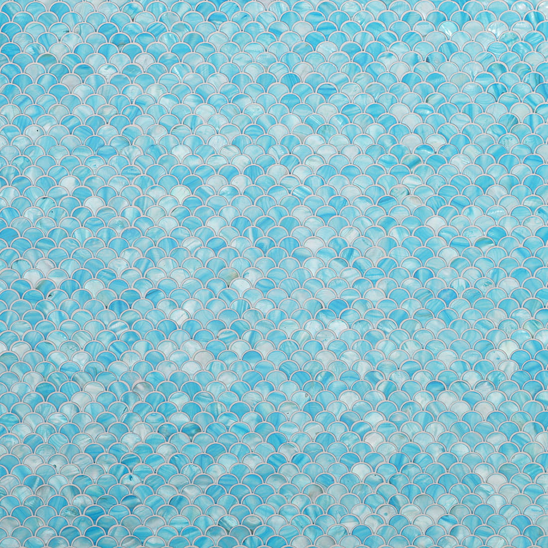 Close up of aqua blue mother of pearl fan mosaic tile pattern and texture