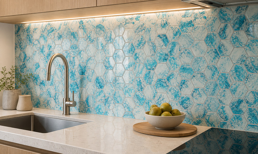 Aqua and white speckled hexagon tile backsplash in a modern kitchen