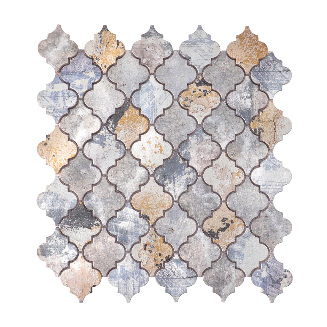 Arabesque lantern distressed aluminum metal mosaic sheet front view