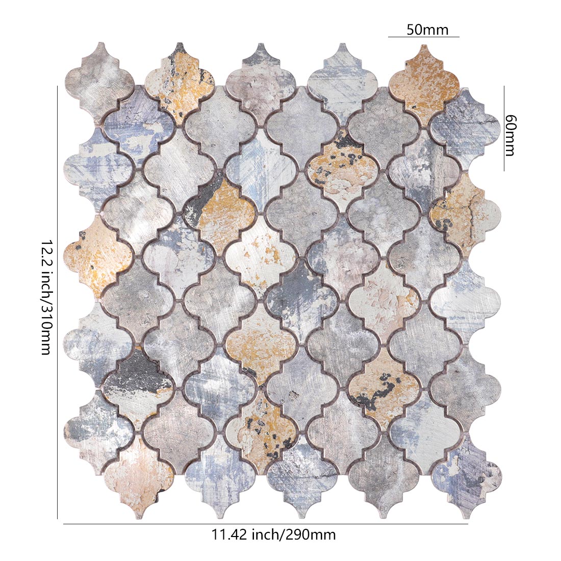 Arabesque lantern distressed aluminum mosaic tile sheet dimensions