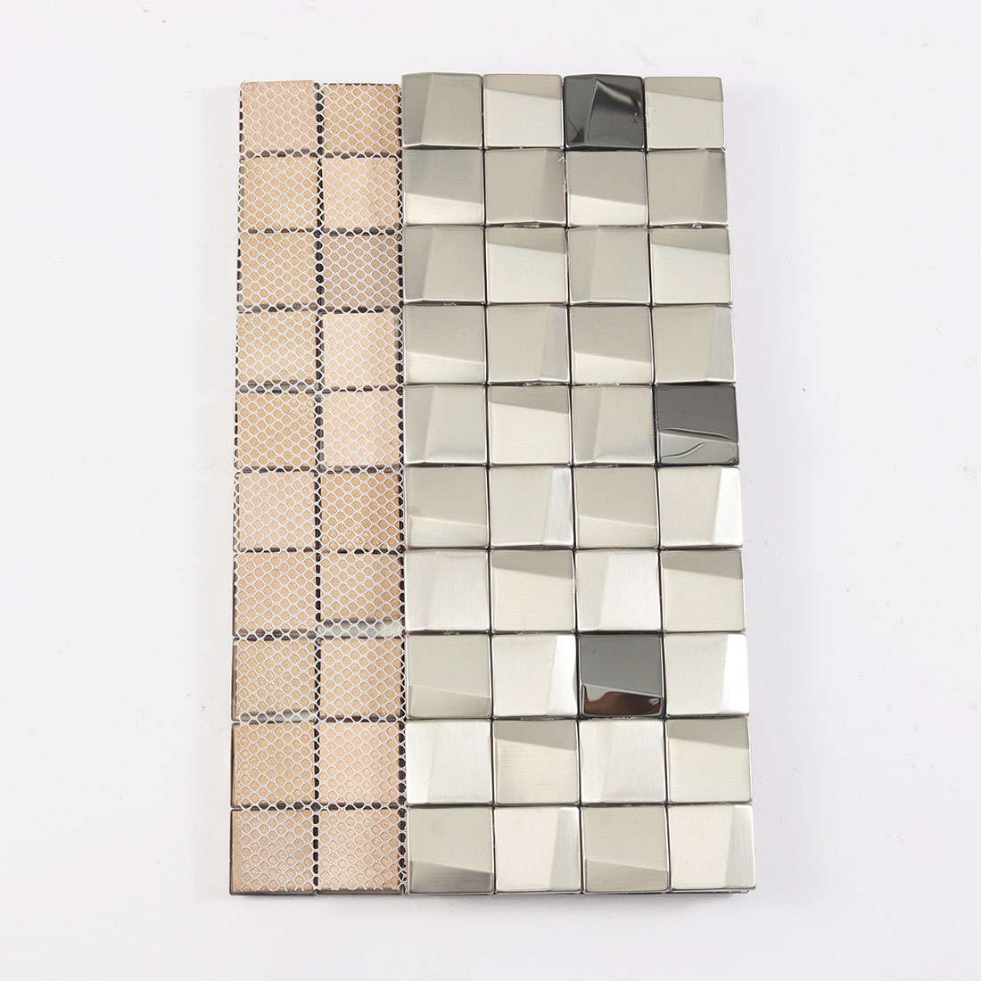 Back mesh of silver square metal mosaic tile sheet