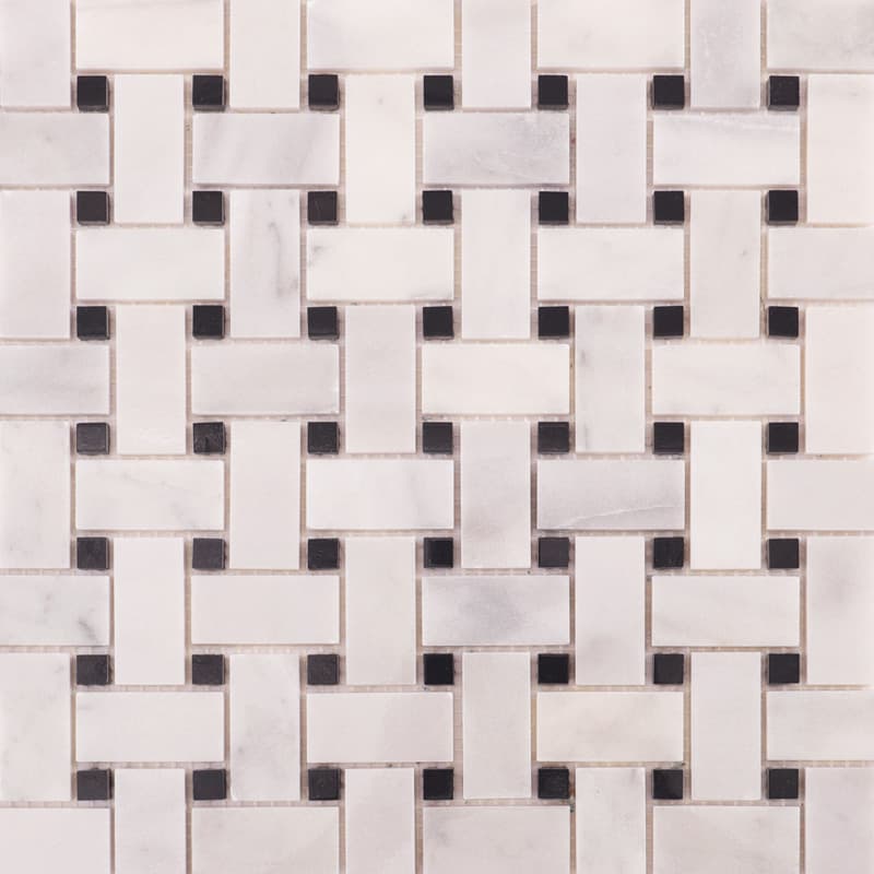 Basketweave tiles in white marble mosaic with black dot accents