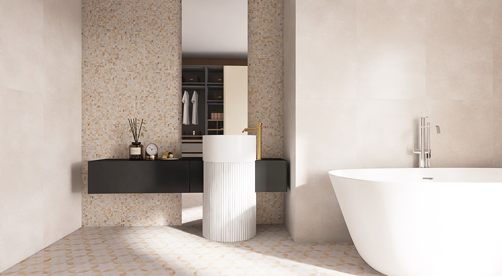 {"default":"Modern bathroom with beige tiles, mosaic feature wall, floating vanity, and freestanding tub"}
