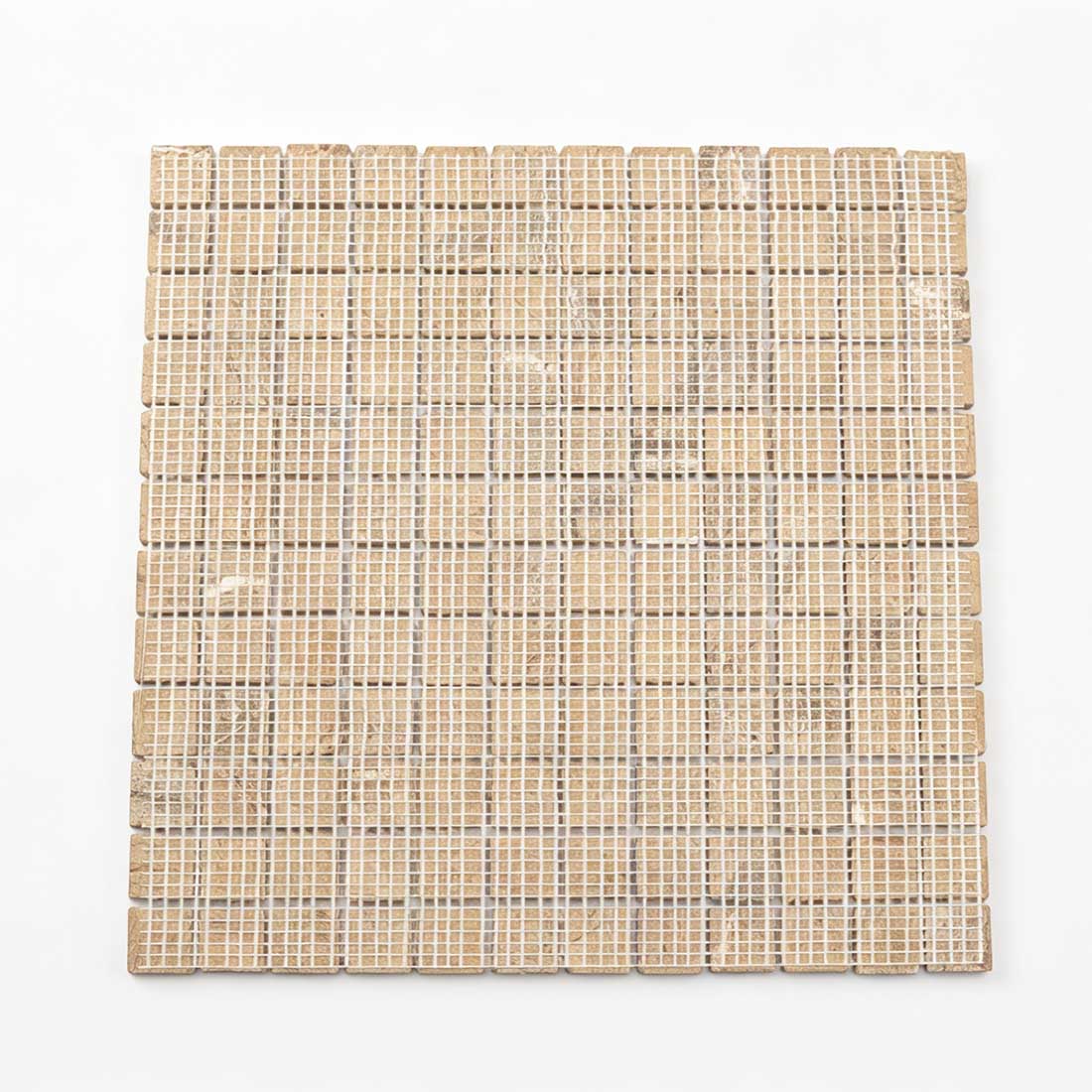 Back view of beige and brown square marble mosaic tile sheet with mesh backing