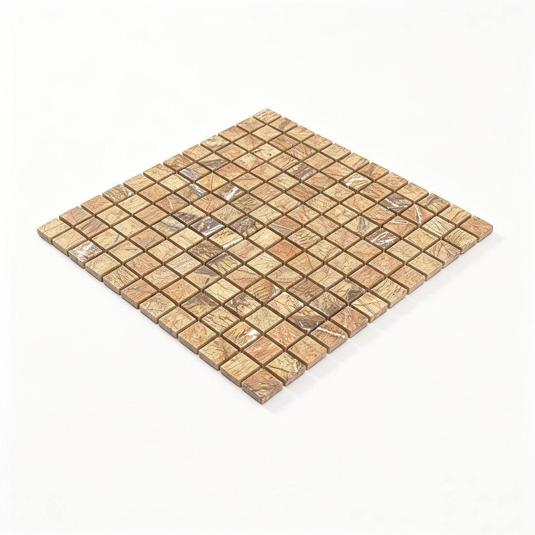 Angled full-sheet view of beige and brown small square marble mosaic tile